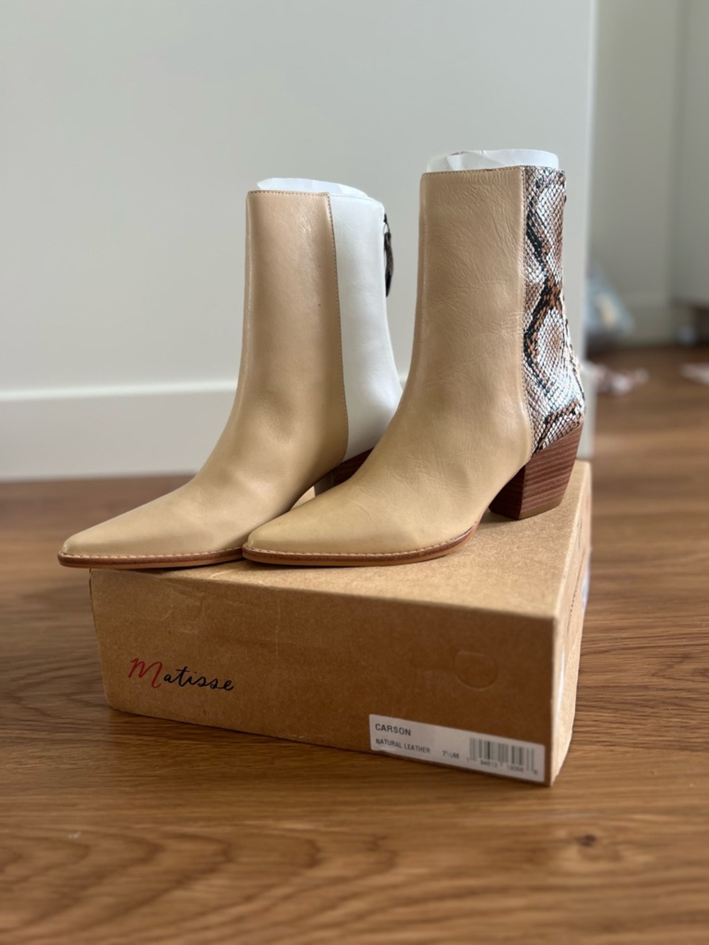 Matisse Carson Two-Tone Beige, White & Snakeskin Block Heel Ankle Boots